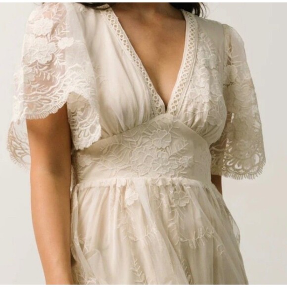 Baltic Born Cream Floral Mesh Lace Midi Maxi  Dress V-Neck Boho Wedding Guest XL - Picture 4 of 16